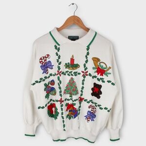 Vintage Christmas Sweatshirt Holiday Collared‎ Embroidered Teddy Bear 90s Small